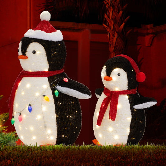 2-Piece Lighted Plush Penguins Christmas Yard Decorations, Set of 2 Pre-lit Pull Up Penguins with 150 Warm White LEDs, Multi-color Light String and Stakes for Xmas Outdoor Holiday Indoor Decor