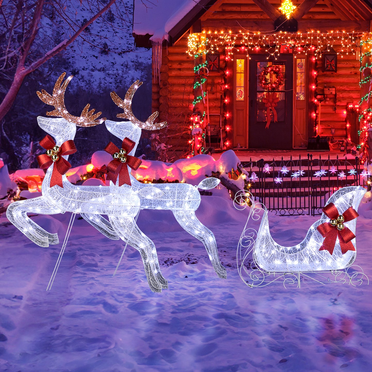 3-Piece Lighted Set of 2 Reindeer & Sleigh, Weather Proof Christmas Outdoor Decorations with Pre-lit 270 LED White Lights and Stakes for Xmas Outdoor Holiday Indoor Decor Lighted Holiday Displays