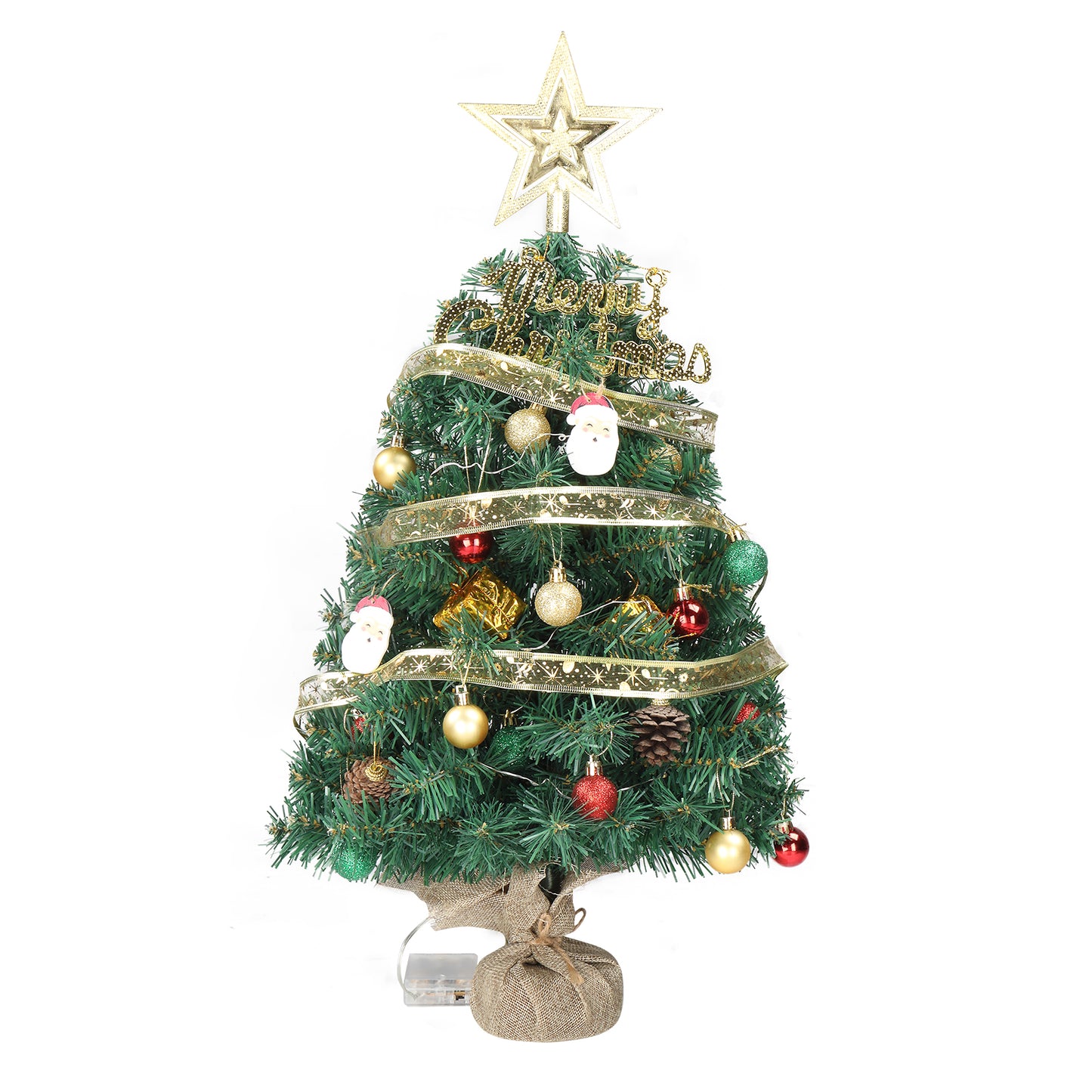 24 in Pre-lit Artificial Mini Christmas Tree, Tabletop Small Xmas Pine Tree with Ornaments and 30 Warm Lights Battery Operated and Paper Wrapped Base for Home Office Store Holiday Deco, Green