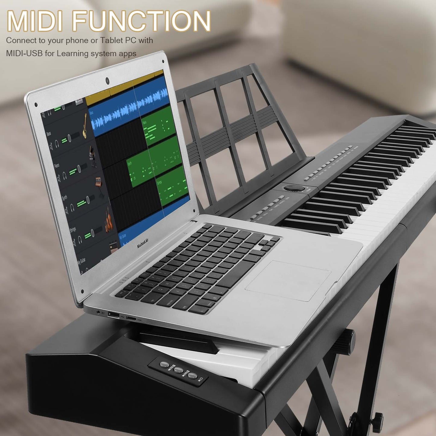 Glarry GPP-105 88 Key Full Size Semi-Weighted Standard Keyboards Digital Piano with Dual-tube X-Shape Stand, MIDI Bluetooth, Headphone，for Piano Lover Black color