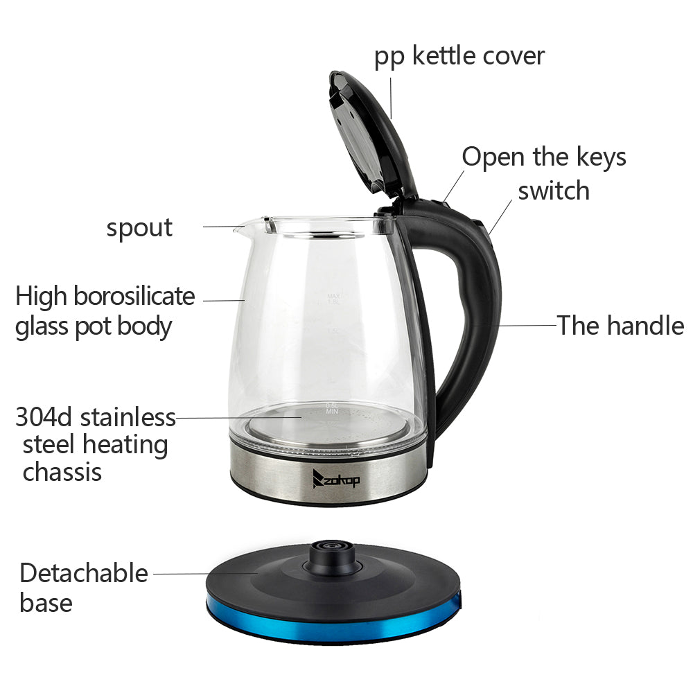 ZOKOP HD-1861-A 

220V 2000W 
1.8L 
Glass Kettle 
UK Plug