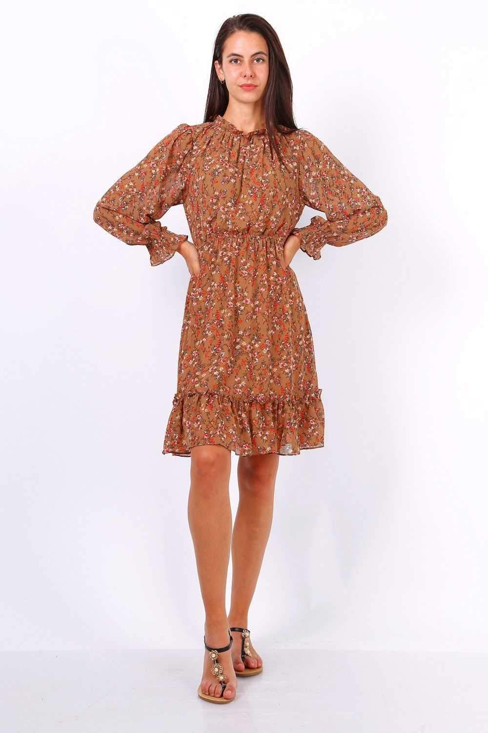 Camel Ditsy Floral Long Sleeve Frill Hem Dress