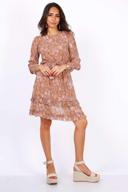 Camel Long Sleeve Mini Dress In Chiffon Paisley Print