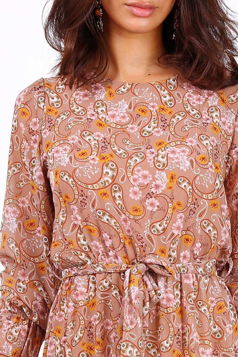 Camel Long Sleeve Mini Dress In Chiffon Paisley Print