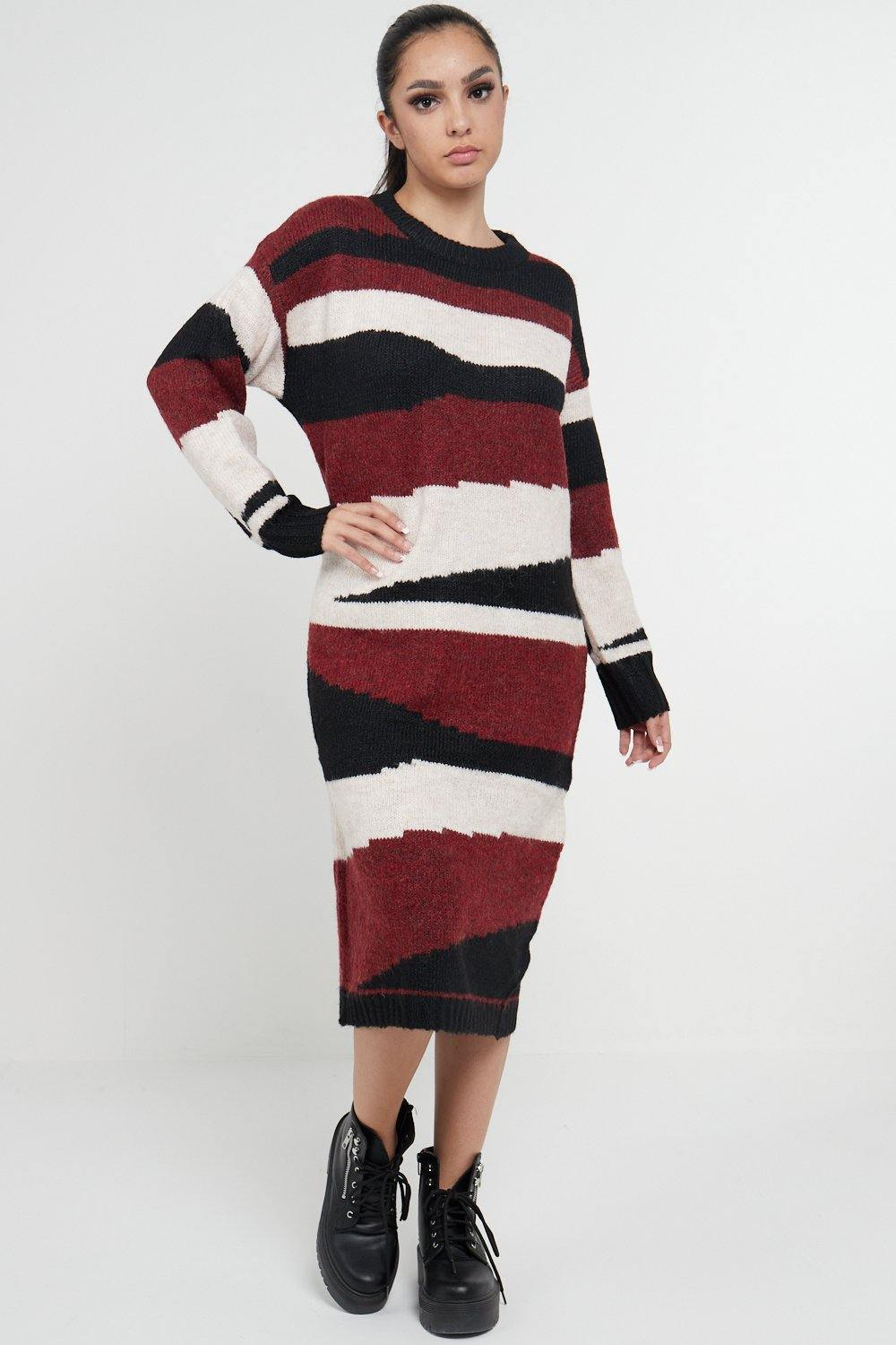 Abstract Striped Jumper Dress In Red