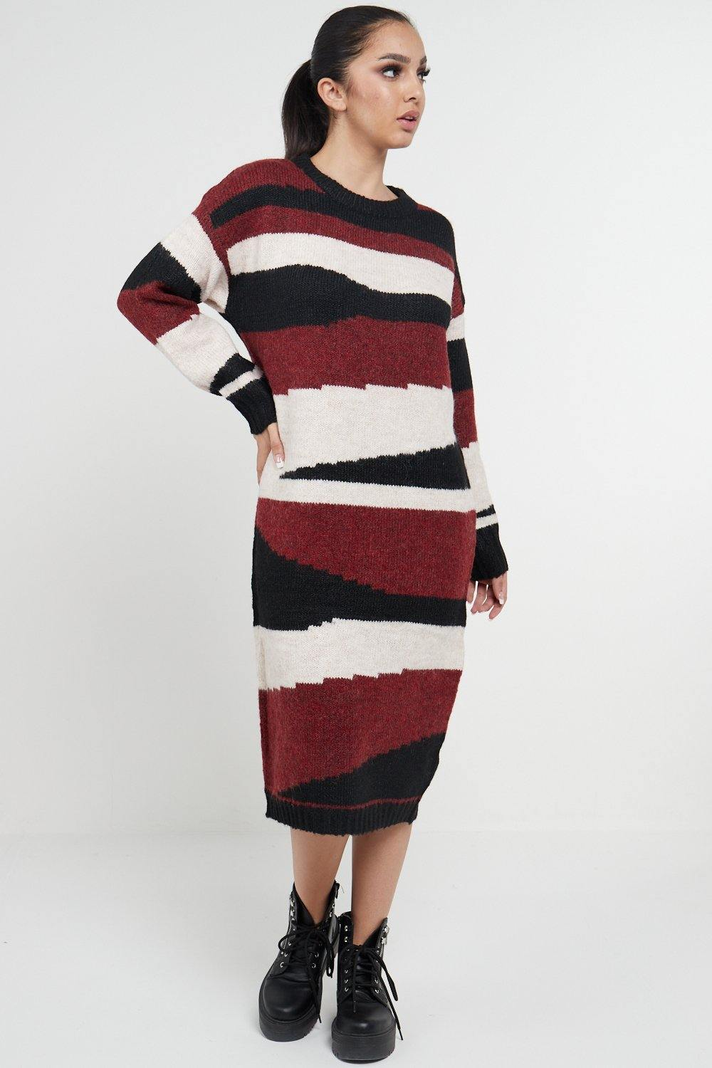 Abstract Striped Jumper Dress In Red