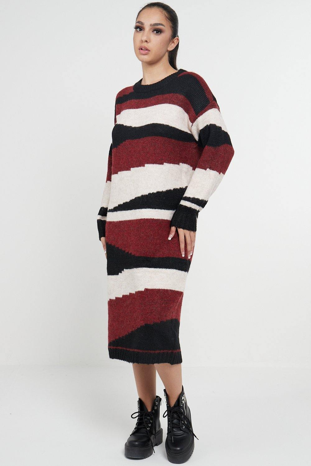 Abstract Striped Jumper Dress In Red