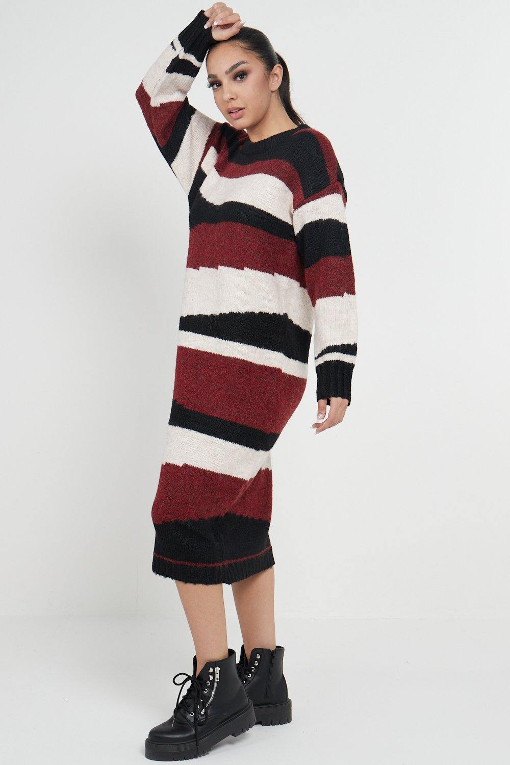 Abstract Striped Jumper Dress In Red