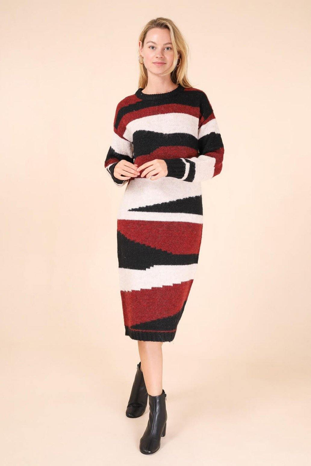 Abstract Striped Jumper Dress In Red