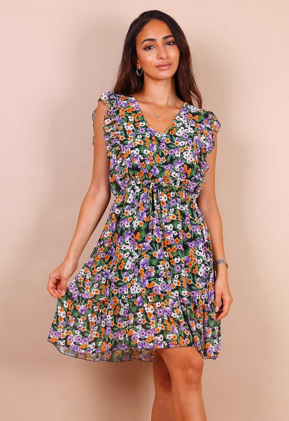 Black And Purple Floral Frill Mini Dress