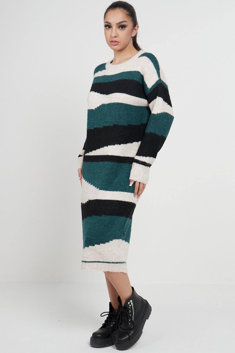 Abstract Striped Jumper Dress In Green