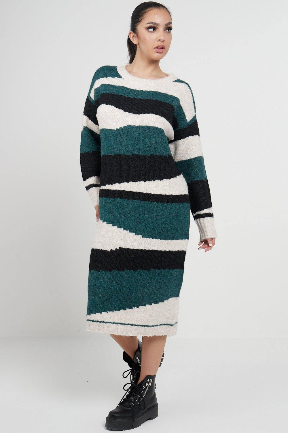 Abstract Striped Jumper Dress In Green