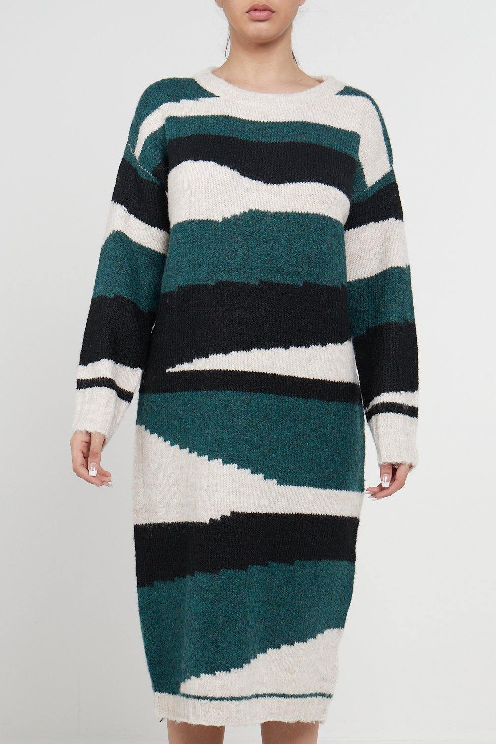 Abstract Striped Jumper Dress In Green