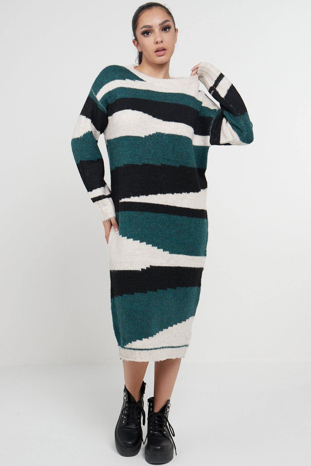 Abstract Striped Jumper Dress In Green