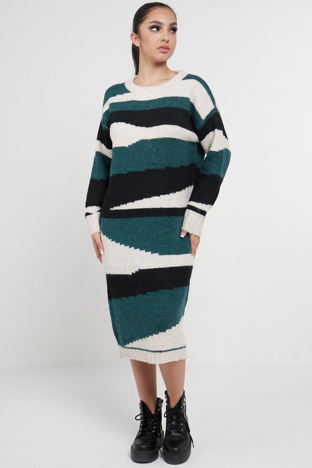 Abstract Striped Jumper Dress In Green