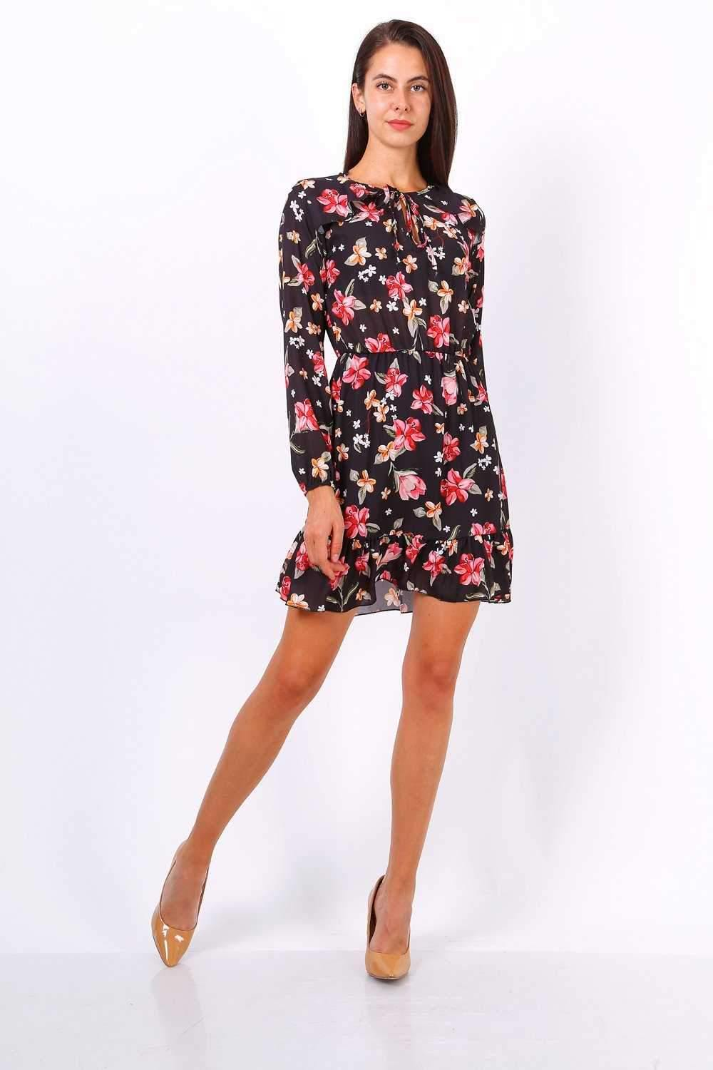 Black Floral Print Tie Neck Shift Dress