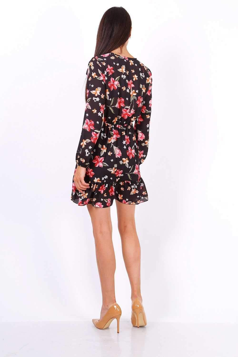 Black Floral Print Tie Neck Shift Dress