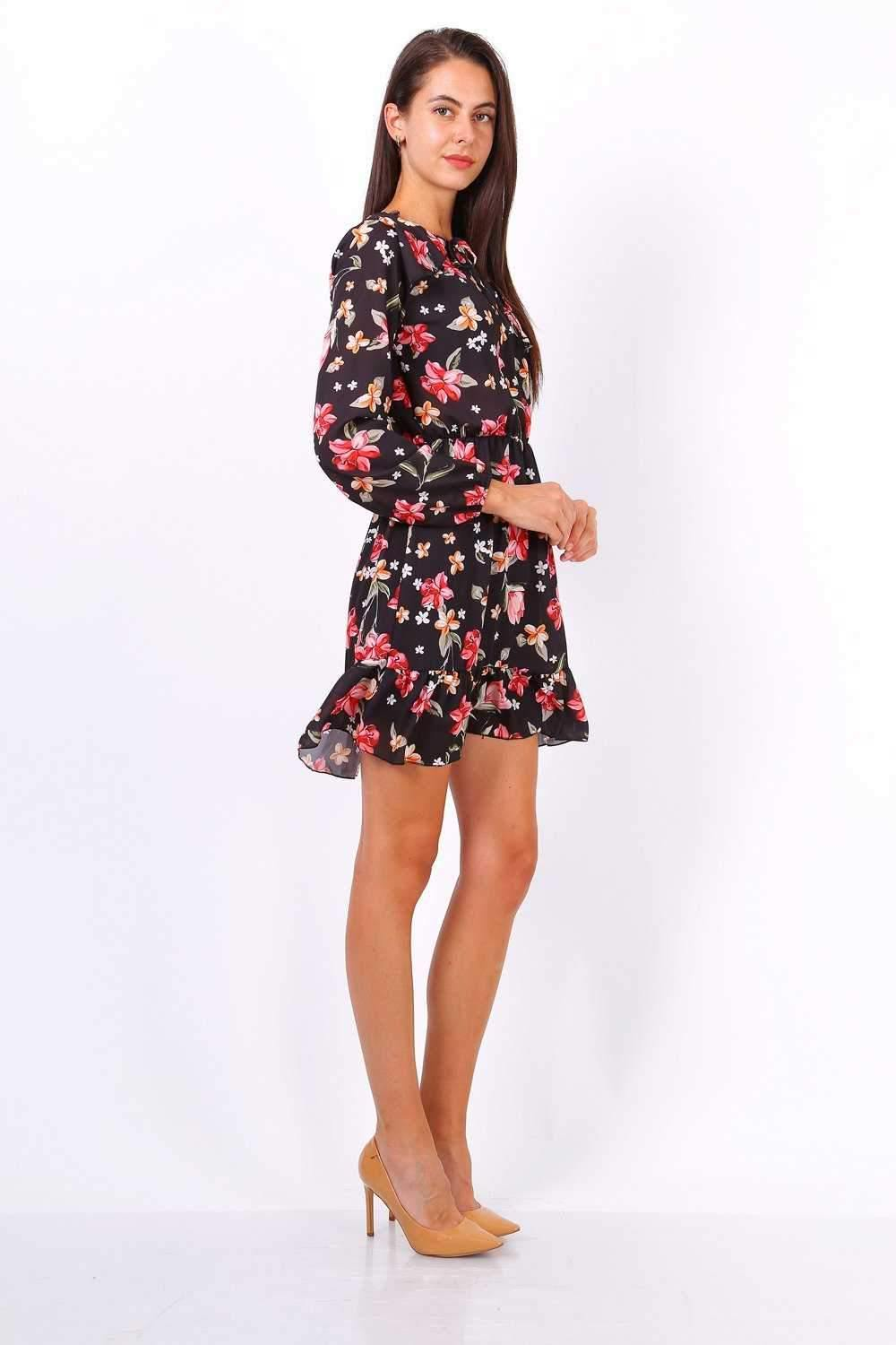 Black Floral Print Tie Neck Shift Dress