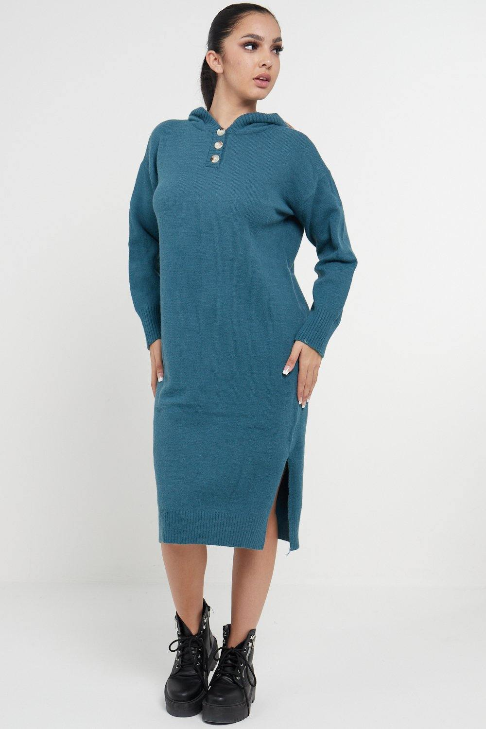 Longline Hooded Jumper Dress In Jade Green