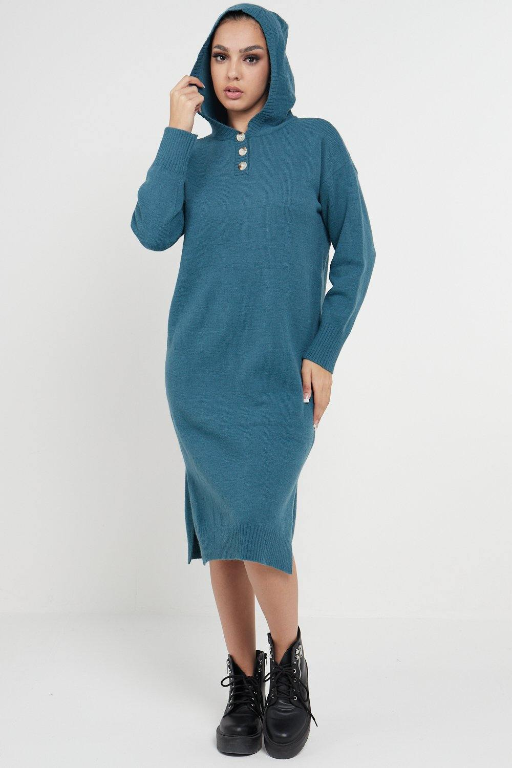 Longline Hooded Jumper Dress In Jade Green