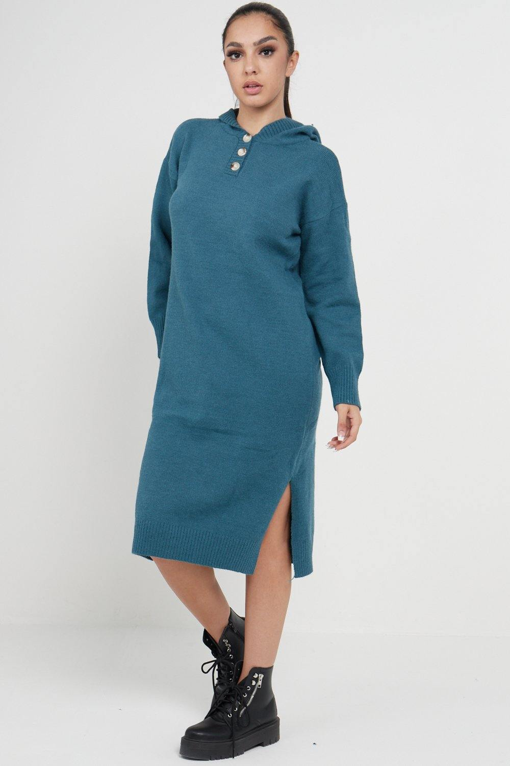 Longline Hooded Jumper Dress In Jade Green