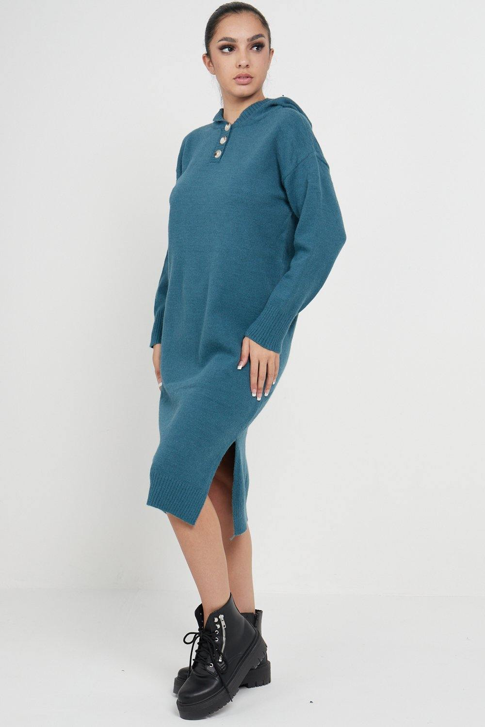 Longline Hooded Jumper Dress In Jade Green