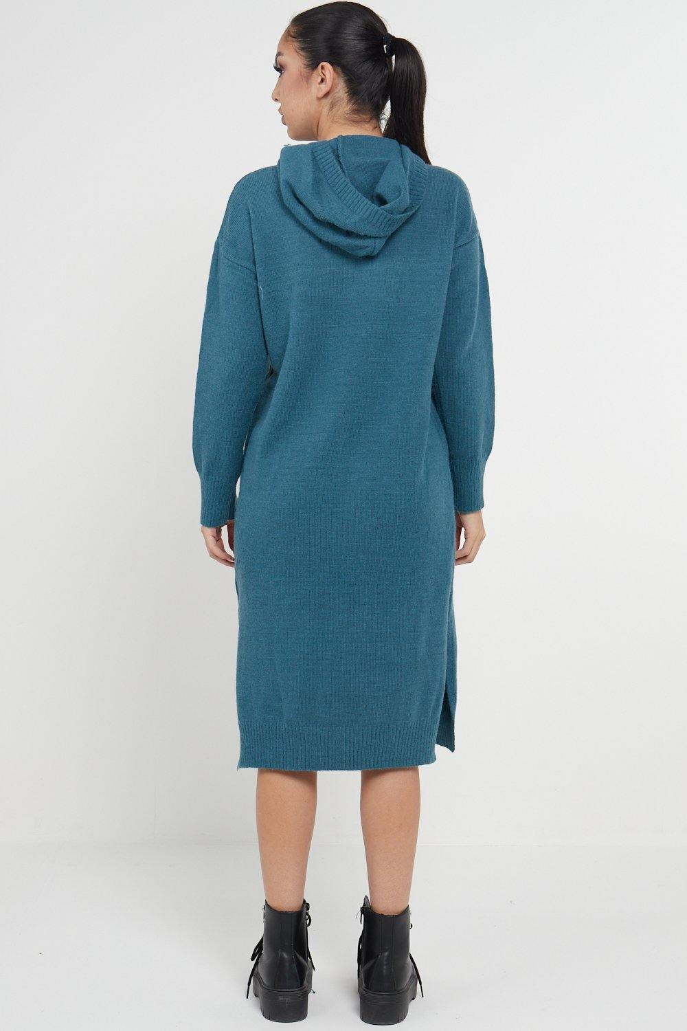 Longline Hooded Jumper Dress In Jade Green