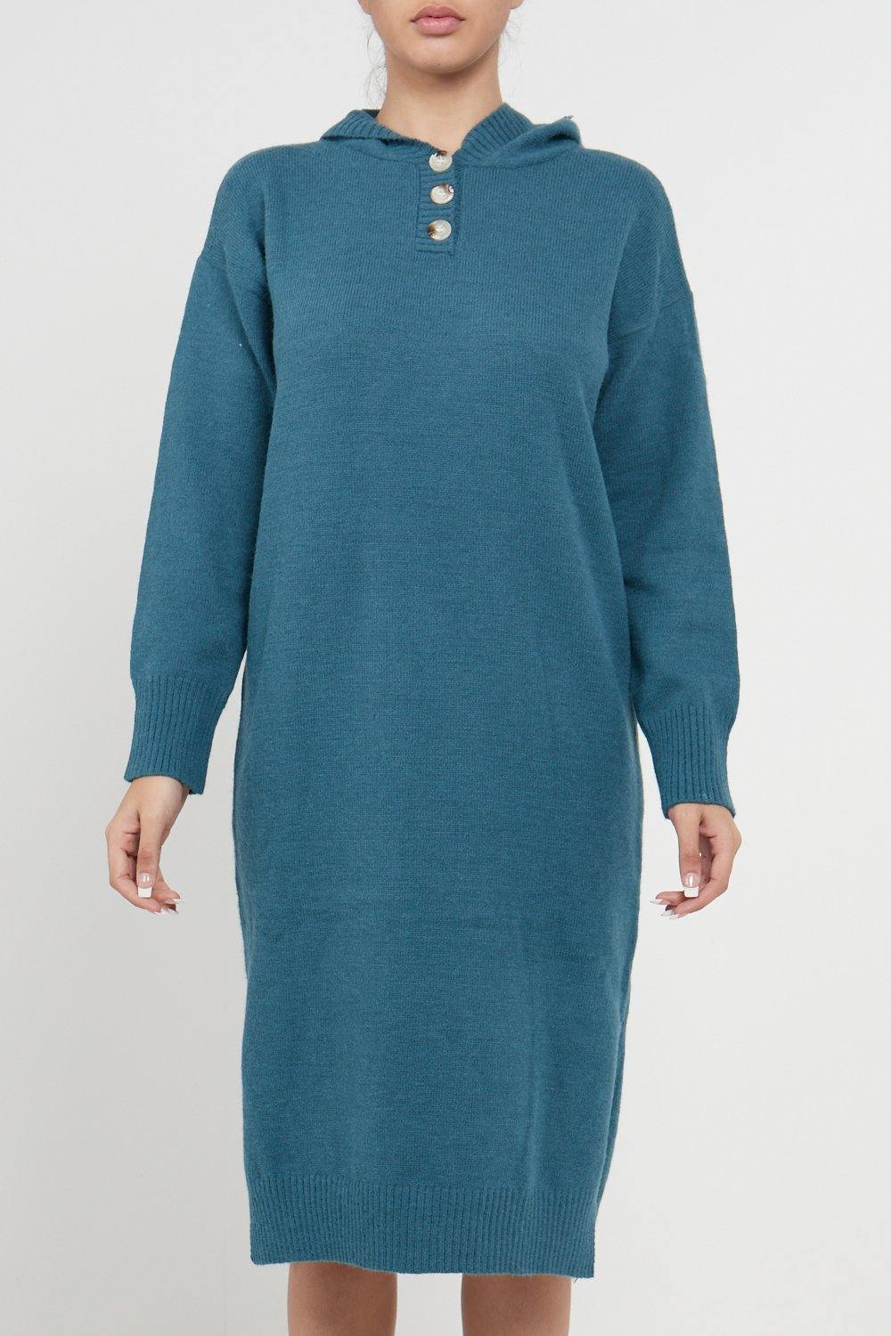 Longline Hooded Jumper Dress In Jade Green