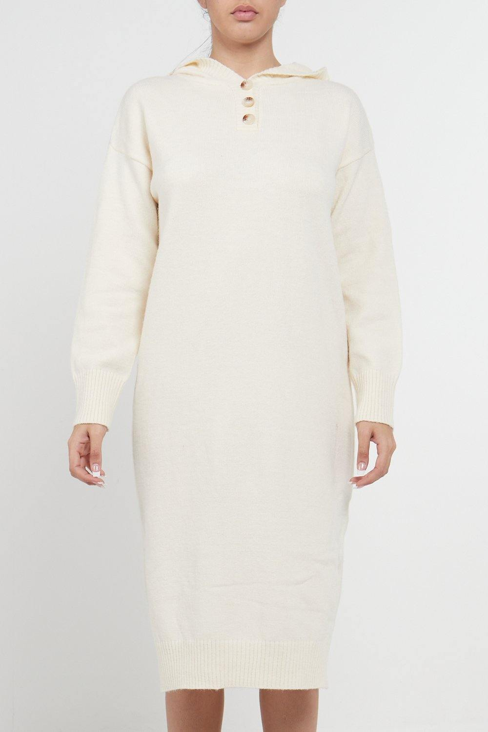 Longline Hooded Jumper Dress In Beige