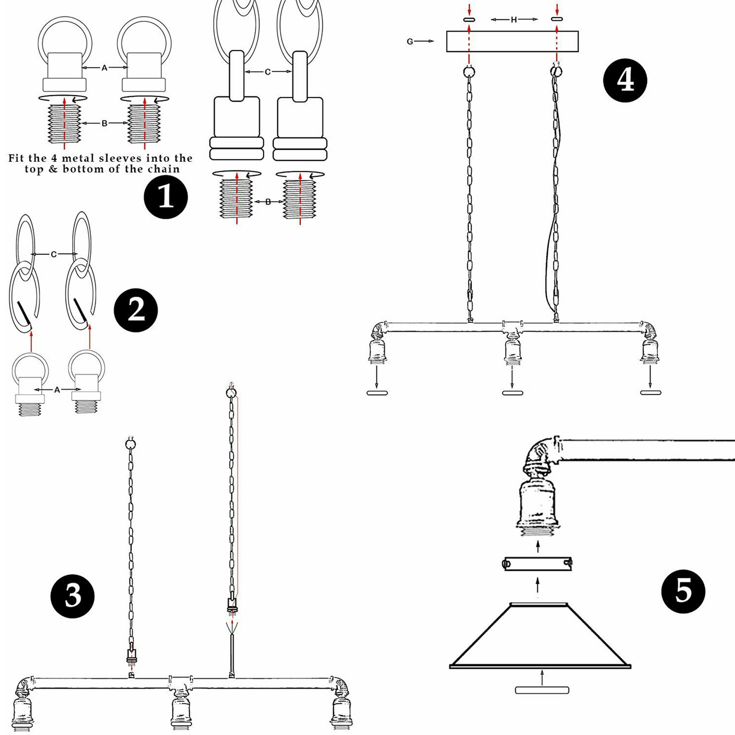 3 Way Vintage Cabin Metal Ceiling Pipe Light Steampunk Lamp Shades