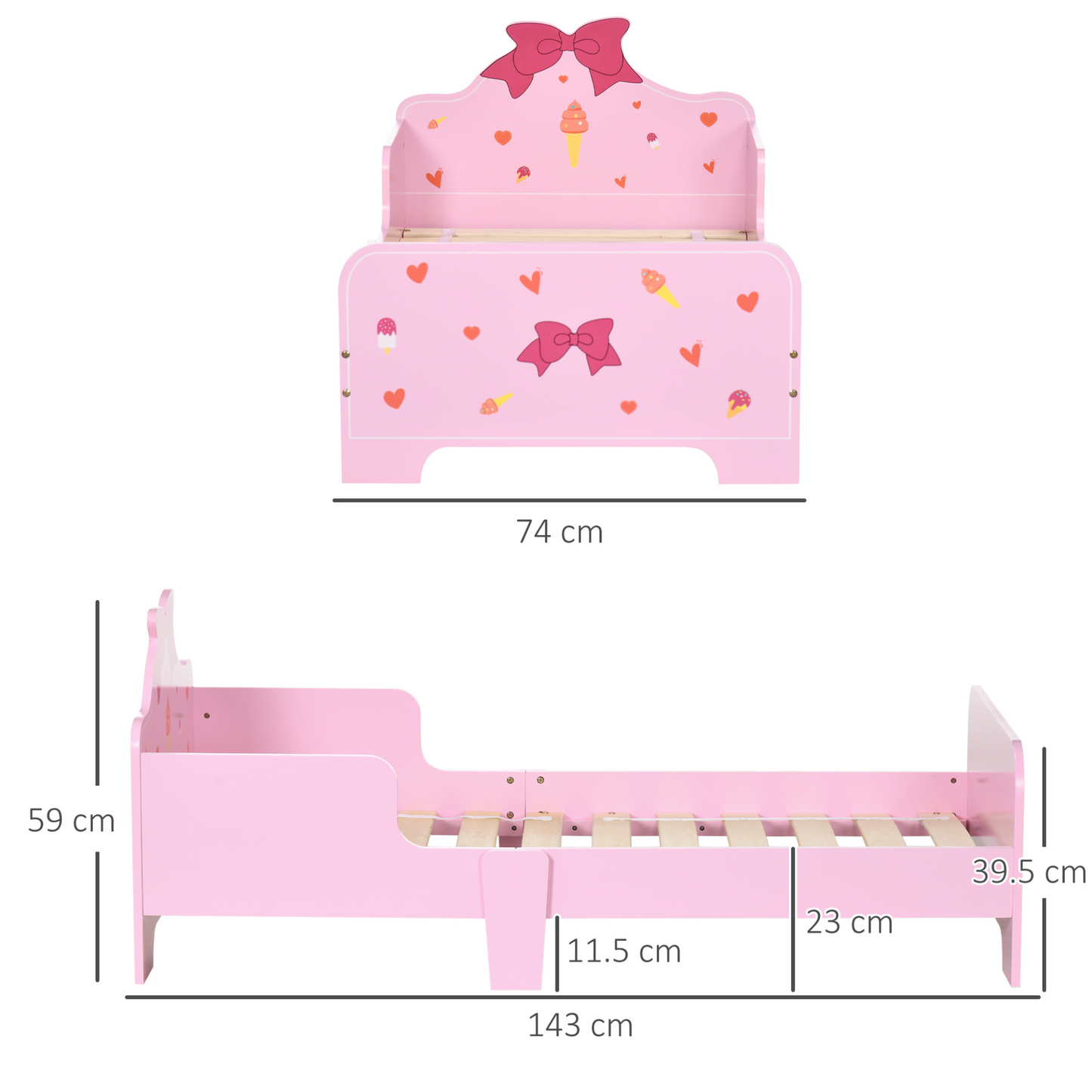 ZONEKIZ Princess Toddler Bed Kids Bedroom Furniture w/ Safety Side Rails, for Girls Aged 3-6 Years 143 x 74 x 59cm - Pink