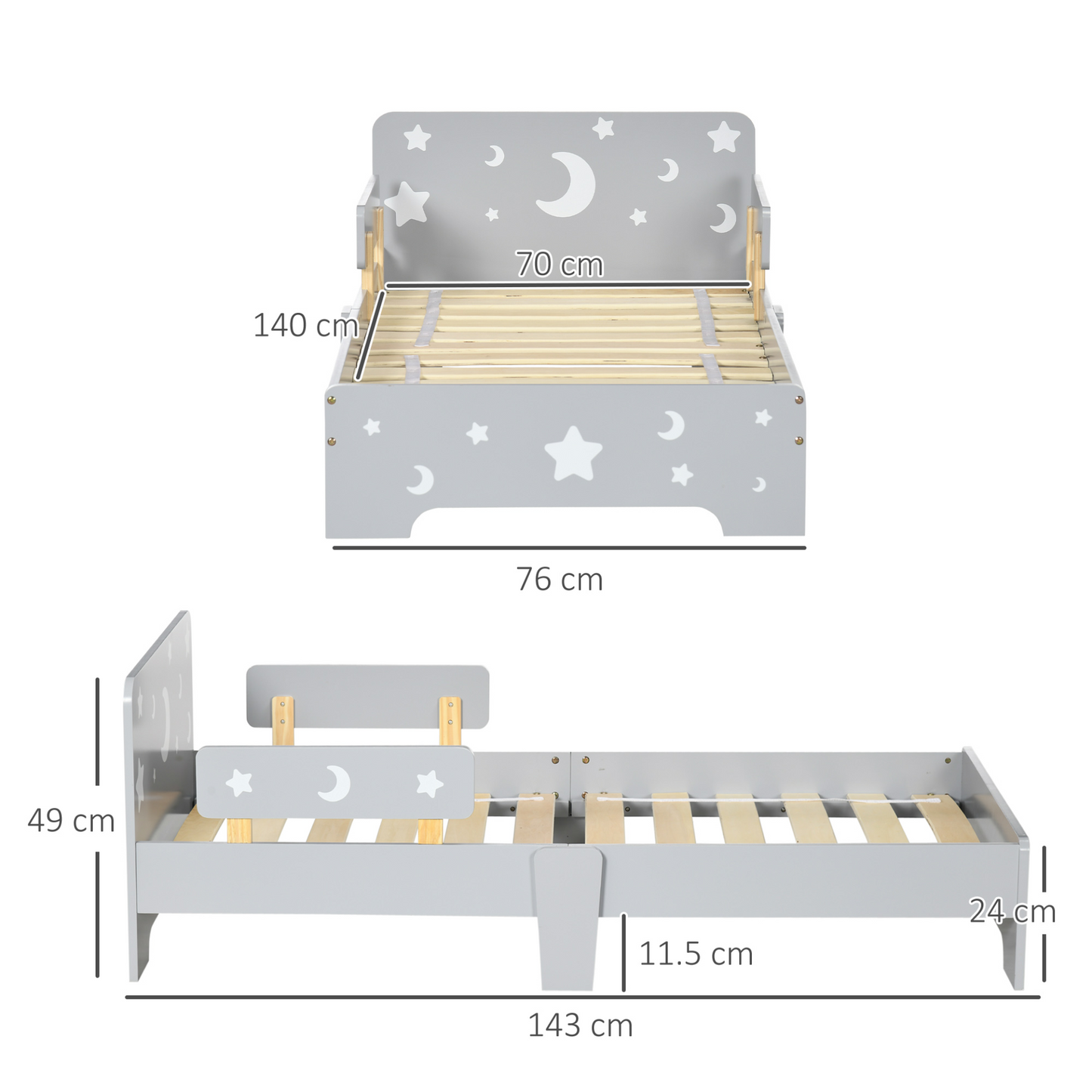 ZONEKIZ Kids Toddler Bed Children's Bedroom Furniture w/ Star and Moon Patterns, Side Rails, for Boys, Girls, Ages 3-6 Years, 143 x 76 x 49cm - Grey