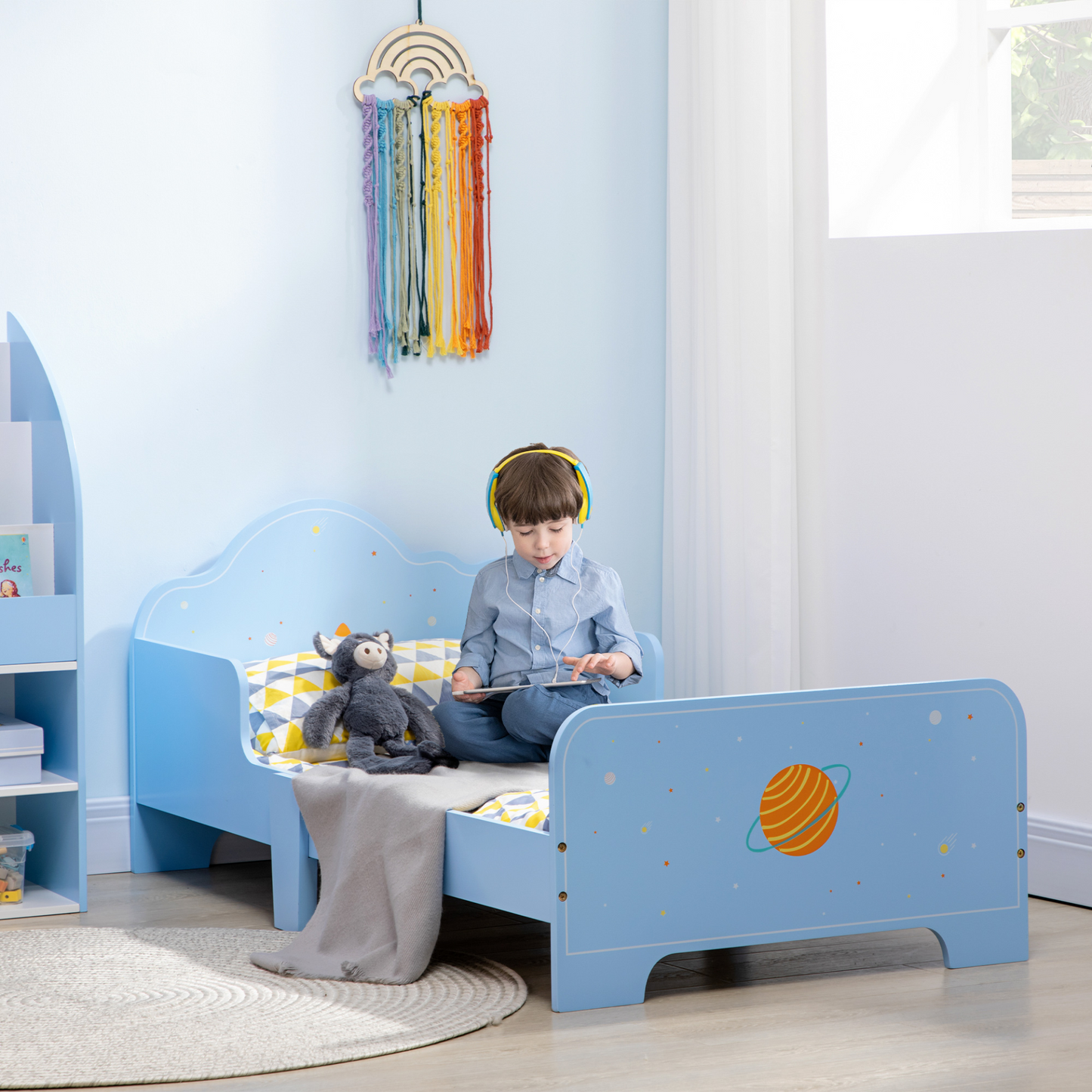 Kids Toddler Bed w/ Rocket & Planets Patterns, Safety Rails, Kids Bedroom Furniture for Boys, Girls, Ages 3-6 Years, 143 x 74 x 59cm - Blue