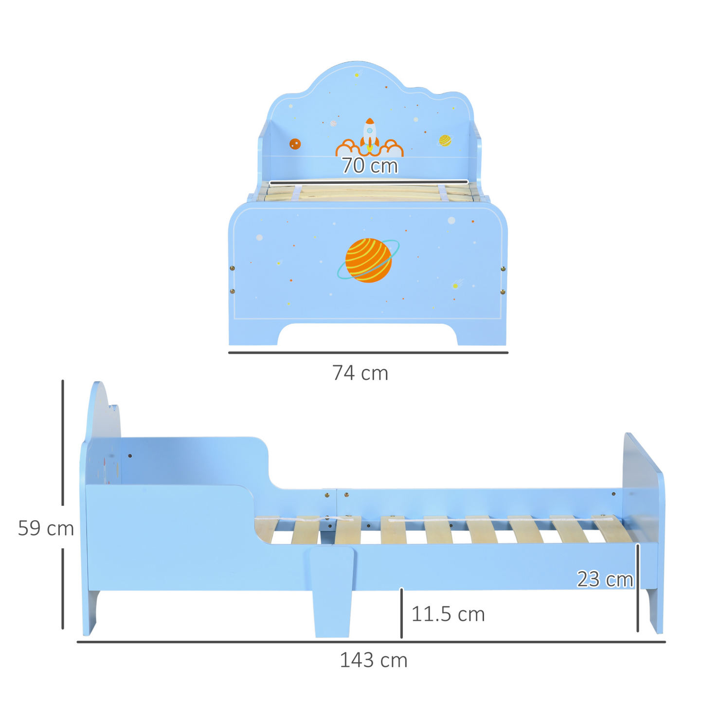 Kids Toddler Bed w/ Rocket & Planets Patterns, Safety Rails, Kids Bedroom Furniture for Boys, Girls, Ages 3-6 Years, 143 x 74 x 59cm - Blue