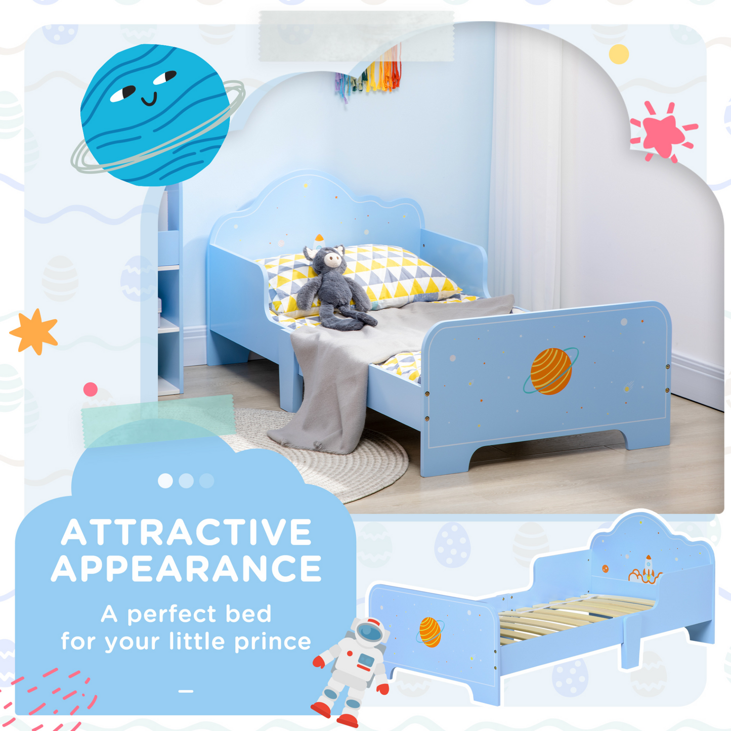 Kids Toddler Bed w/ Rocket & Planets Patterns, Safety Rails, Kids Bedroom Furniture for Boys, Girls, Ages 3-6 Years, 143 x 74 x 59cm - Blue