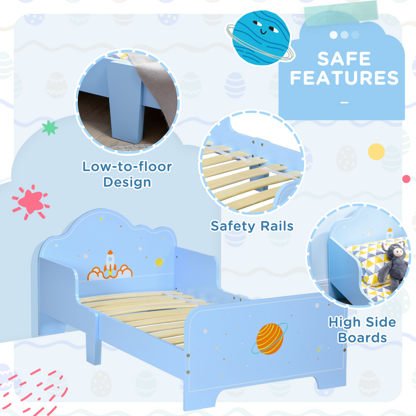 Kids Toddler Bed w/ Rocket & Planets Patterns, Safety Rails, Kids Bedroom Furniture for Boys, Girls, Ages 3-6 Years, 143 x 74 x 59cm - Blue