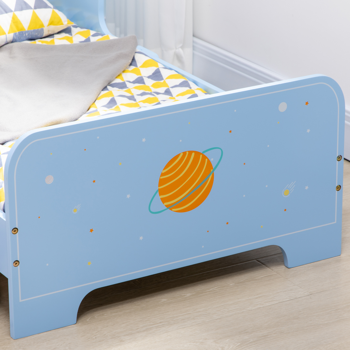 Kids Toddler Bed w/ Rocket & Planets Patterns, Safety Rails, Kids Bedroom Furniture for Boys, Girls, Ages 3-6 Years, 143 x 74 x 59cm - Blue