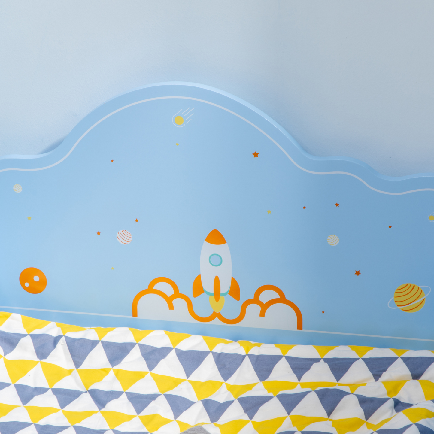 Kids Toddler Bed w/ Rocket & Planets Patterns, Safety Rails, Kids Bedroom Furniture for Boys, Girls, Ages 3-6 Years, 143 x 74 x 59cm - Blue