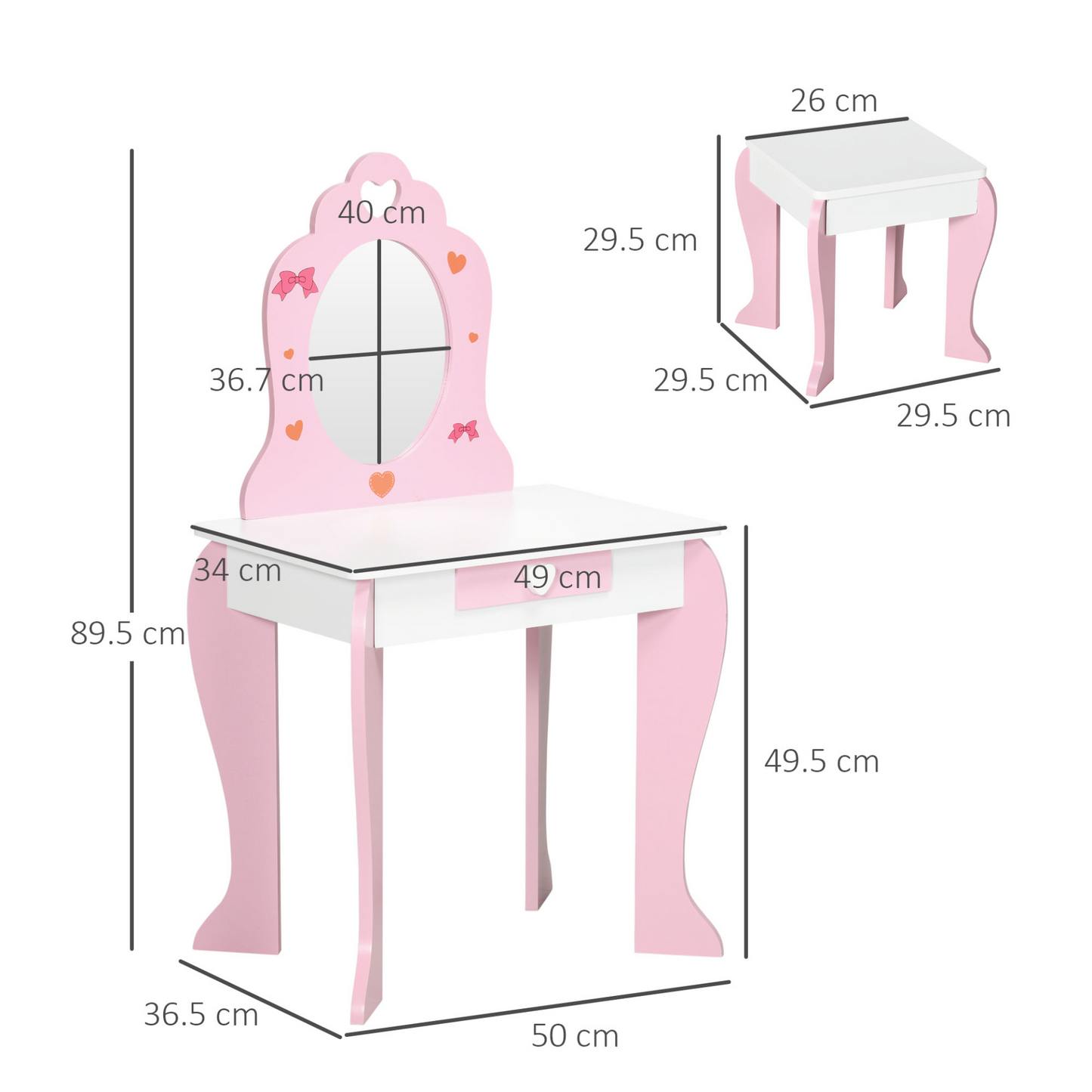 Kids Dressing Table with Mirror and Stool, Vanity Set w/ Love Heart and Bow Design, Girl Makeup Desk w/ Drawer, for Ages 3-6 Years - Pink