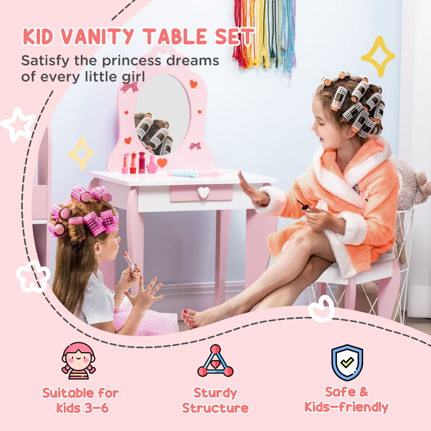 Kids Dressing Table with Mirror and Stool, Vanity Set w/ Love Heart and Bow Design, Girl Makeup Desk w/ Drawer, for Ages 3-6 Years - Pink