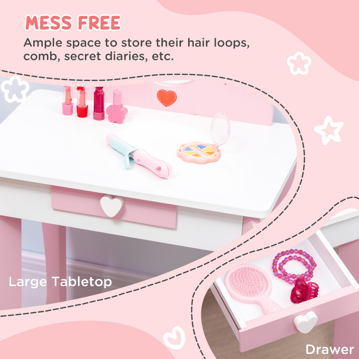 Kids Dressing Table with Mirror and Stool, Vanity Set w/ Love Heart and Bow Design, Girl Makeup Desk w/ Drawer, for Ages 3-6 Years - Pink