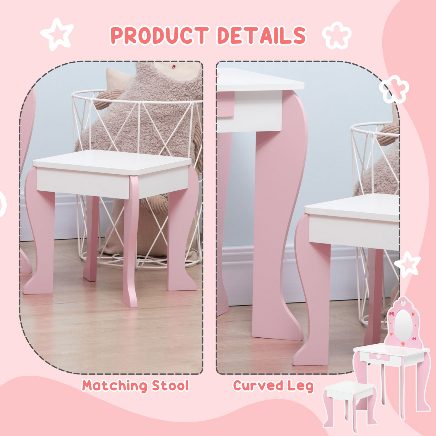 Kids Dressing Table with Mirror and Stool, Vanity Set w/ Love Heart and Bow Design, Girl Makeup Desk w/ Drawer, for Ages 3-6 Years - Pink