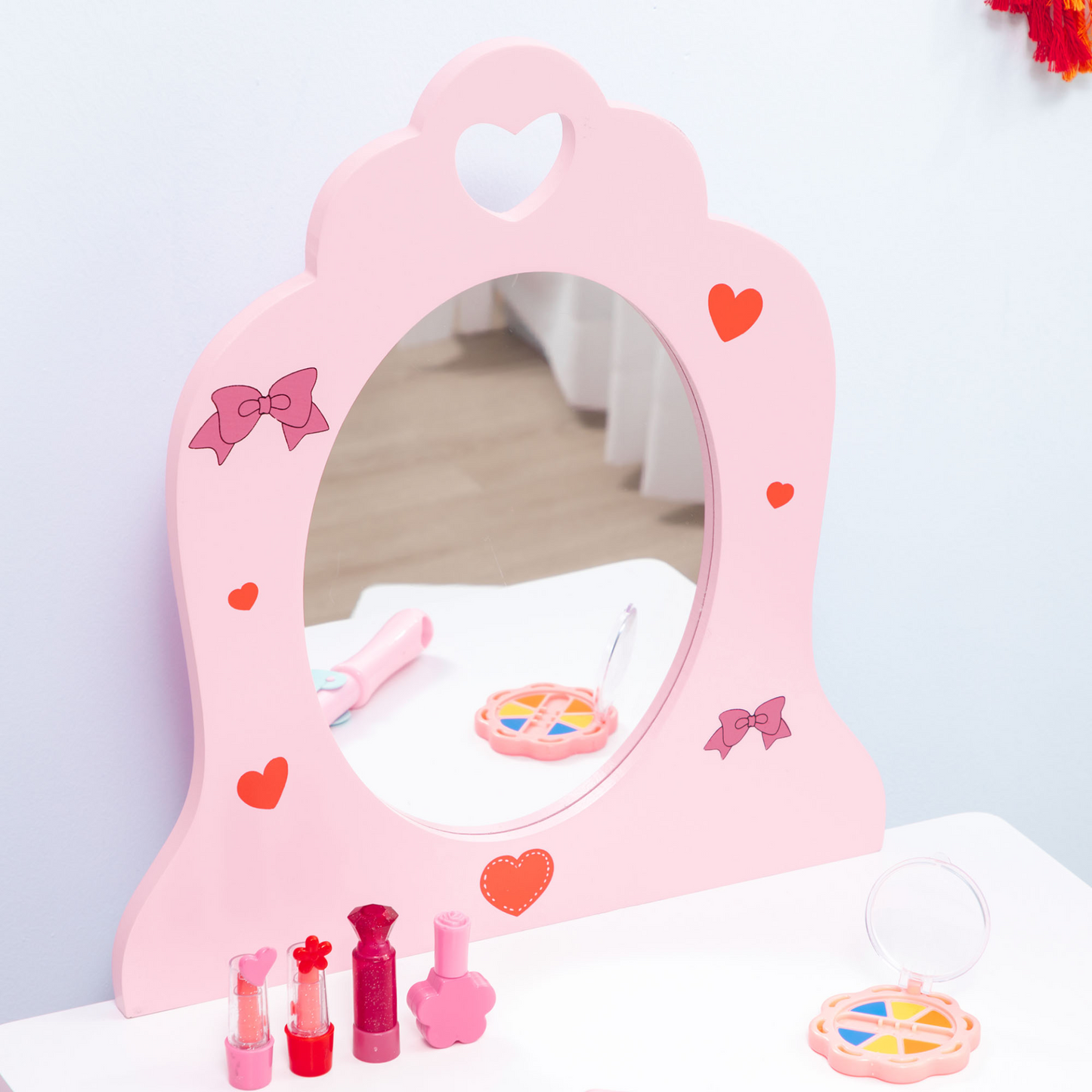 Kids Dressing Table with Mirror and Stool, Vanity Set w/ Love Heart and Bow Design, Girl Makeup Desk w/ Drawer, for Ages 3-6 Years - Pink