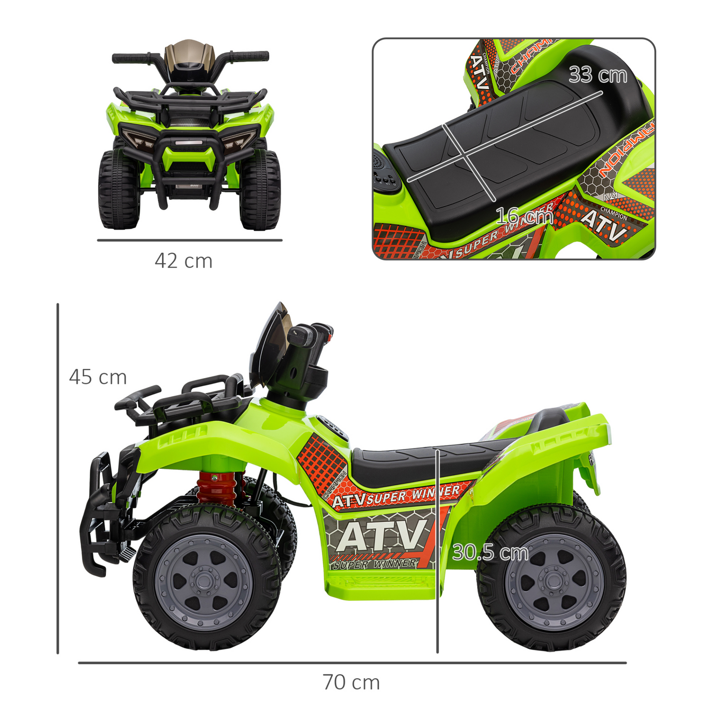 6V Kids Electric Ride on Car Toddlers Quad Bike ATV Toy With Music for 18-36 months Green