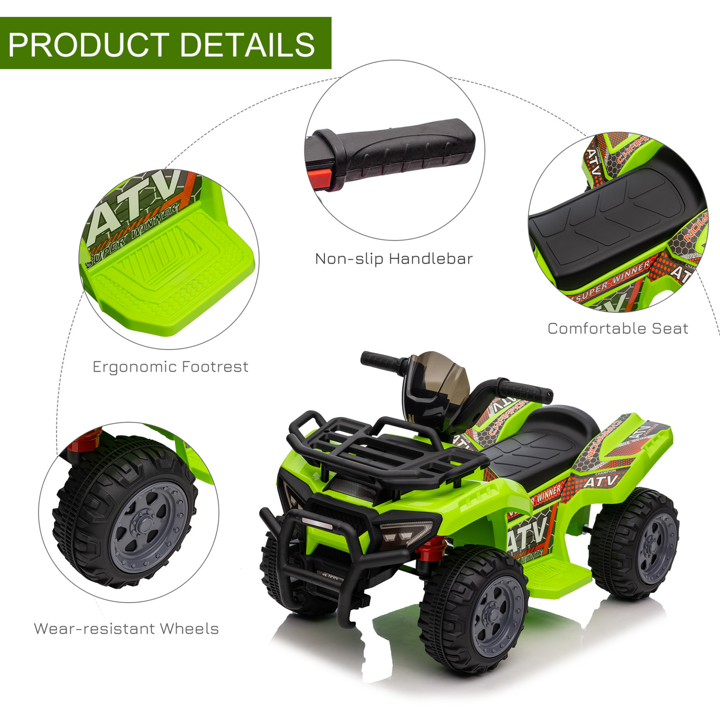 6V Kids Electric Ride on Car Toddlers Quad Bike ATV Toy With Music for 18-36 months Green