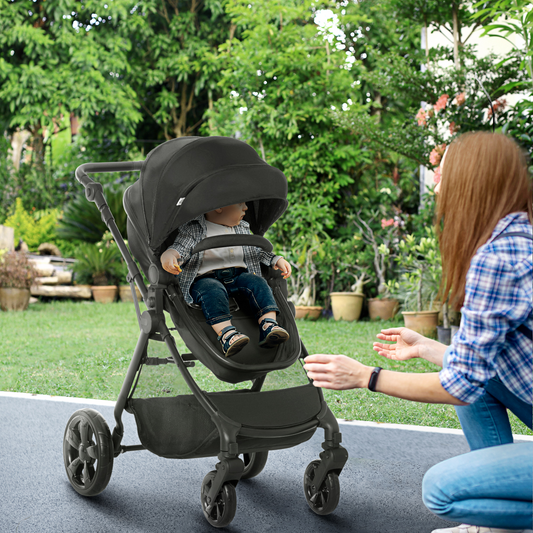 2 in 1 Pushchairs and Strollers w/ Reversible Seat, Single Hand Foldable Lightweight Baby Stroller w/ Fully Reclining Backrest 5-Point Harness Adjustable Handlebar, from Birth to 3 Yrs, Black