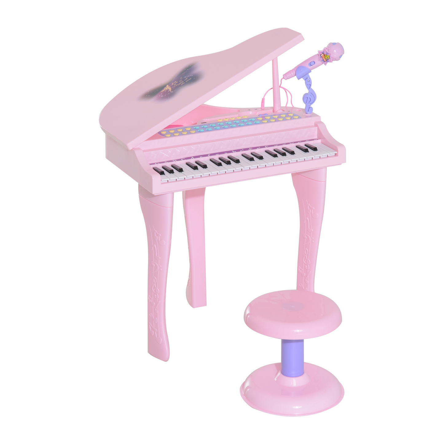 HOMCOM 37 Keys Kids Mini Electronic Keyboard Children Grand Piano with Stool Microphone Light Musical Instrument Educational Game Toy Set (Pink)