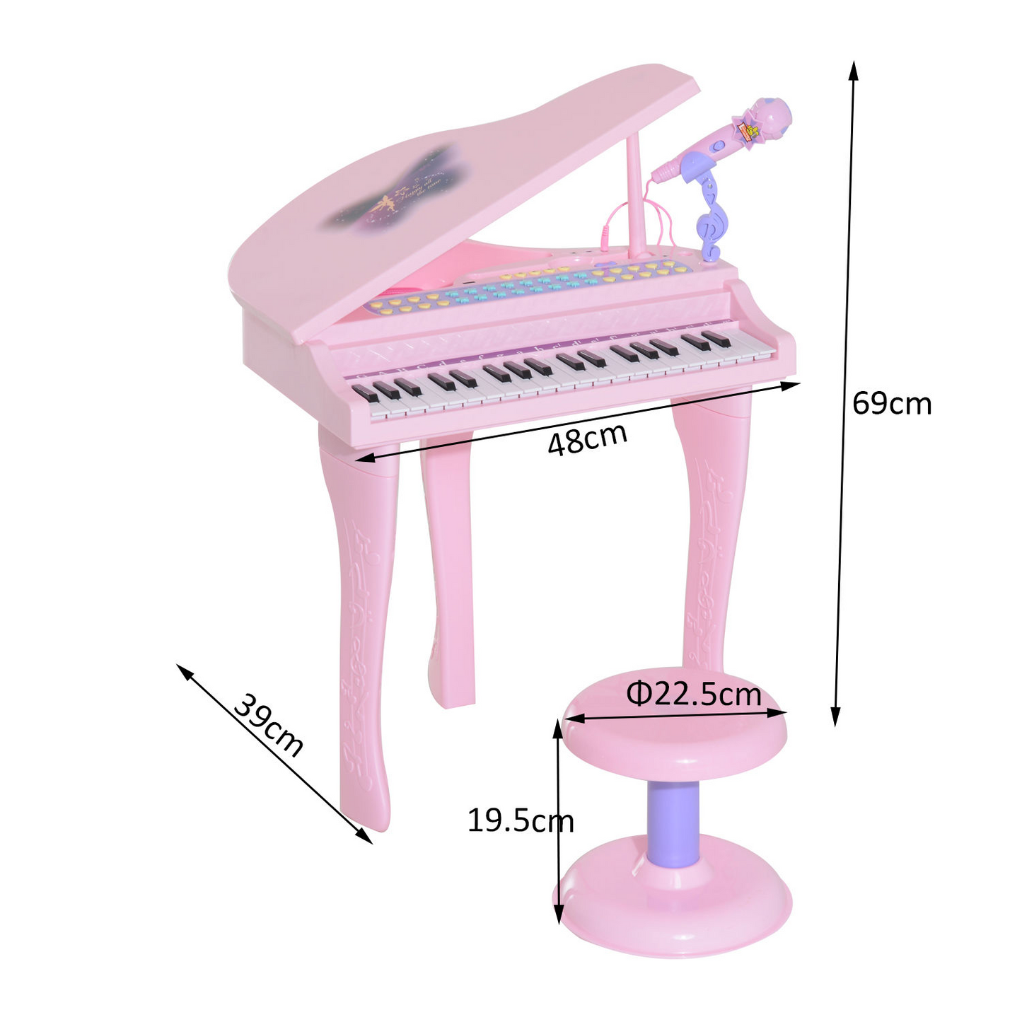 HOMCOM 37 Keys Kids Mini Electronic Keyboard Children Grand Piano with Stool Microphone Light Musical Instrument Educational Game Toy Set (Pink)