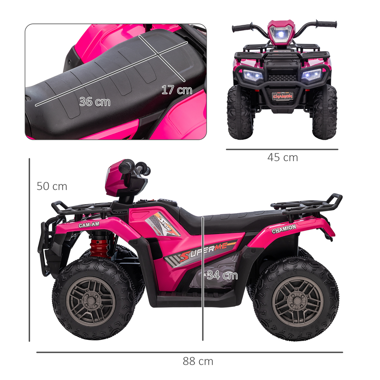 12V Electric Quad Bike for Kids, Ride-On ATV w/ Forward, Reverse Functions, Music, LED Headlights, for Ages 3-5 Years - Pink