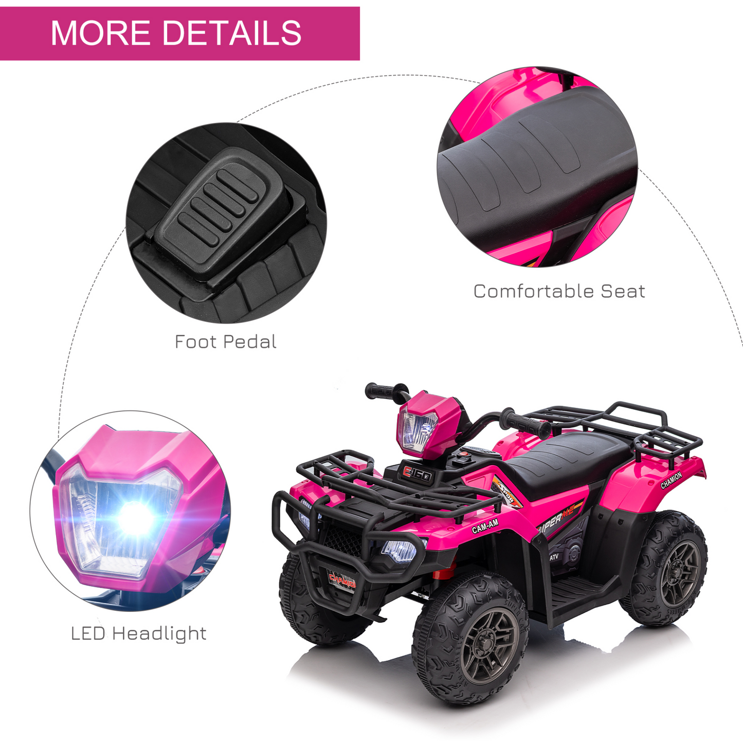 12V Electric Quad Bike for Kids, Ride-On ATV w/ Forward, Reverse Functions, Music, LED Headlights, for Ages 3-5 Years - Pink